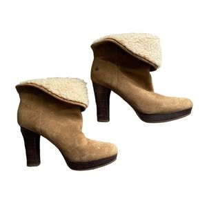 UGG Dandylion Suede Faux Fur Trim Ankle Heel Booties Chestnut Brown Size 7